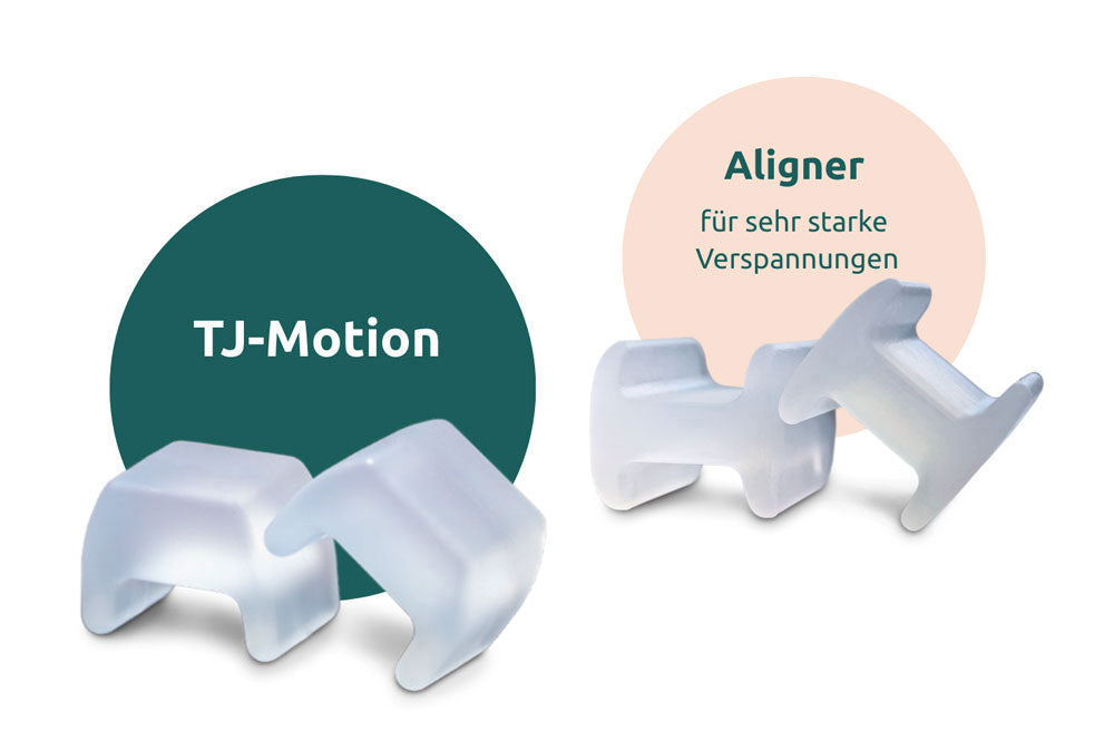 Rechts im Bild sind zwei Silikonschienen abgebildet, mit Text: ‚Aligner - für sehr starke Verspannungen. Links im Bild sind zwei Silikonkissen abgebildet mit Text "TJ-Motion"